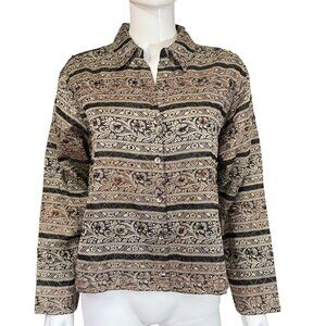 CHICOS DESIGN Blouse Womens 2/L Black Beige Metallic Floral Button Front